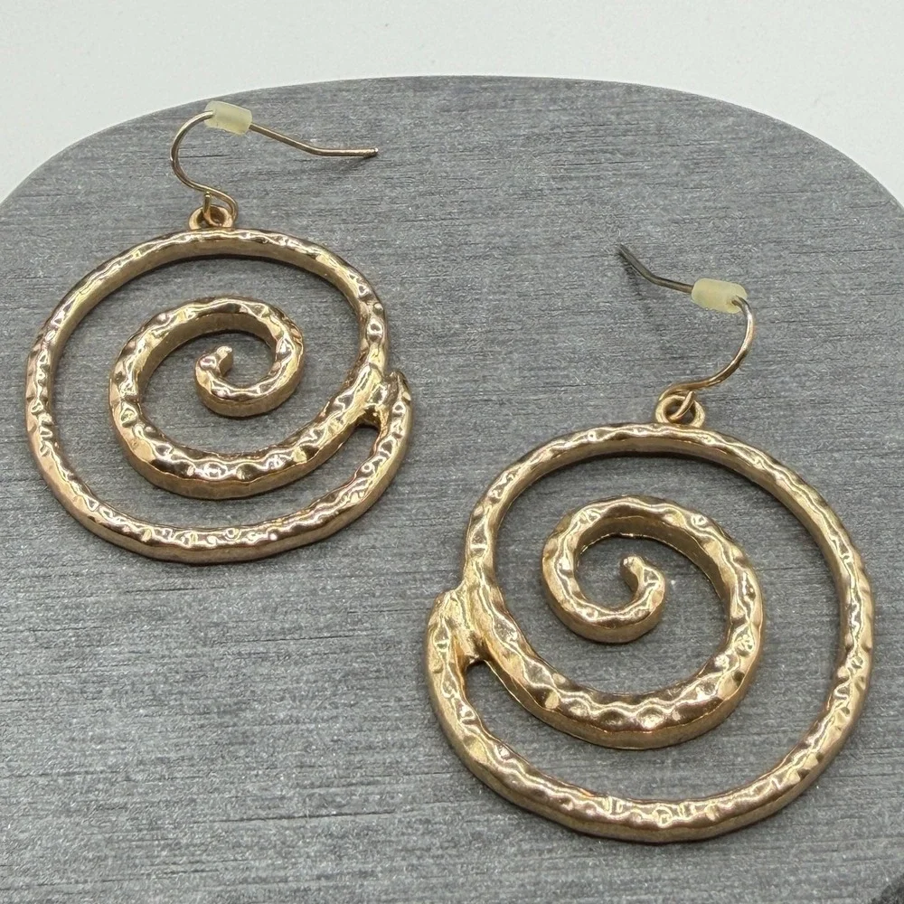 Gold Tone Hammered Spiral Dangle Earrings Large Swirl Boho Statement Jewelry